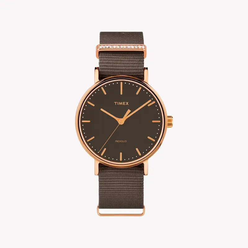 TIMEX Damenuhr mit roségoldenem Messinggehäuse und grauem Stoffarmband