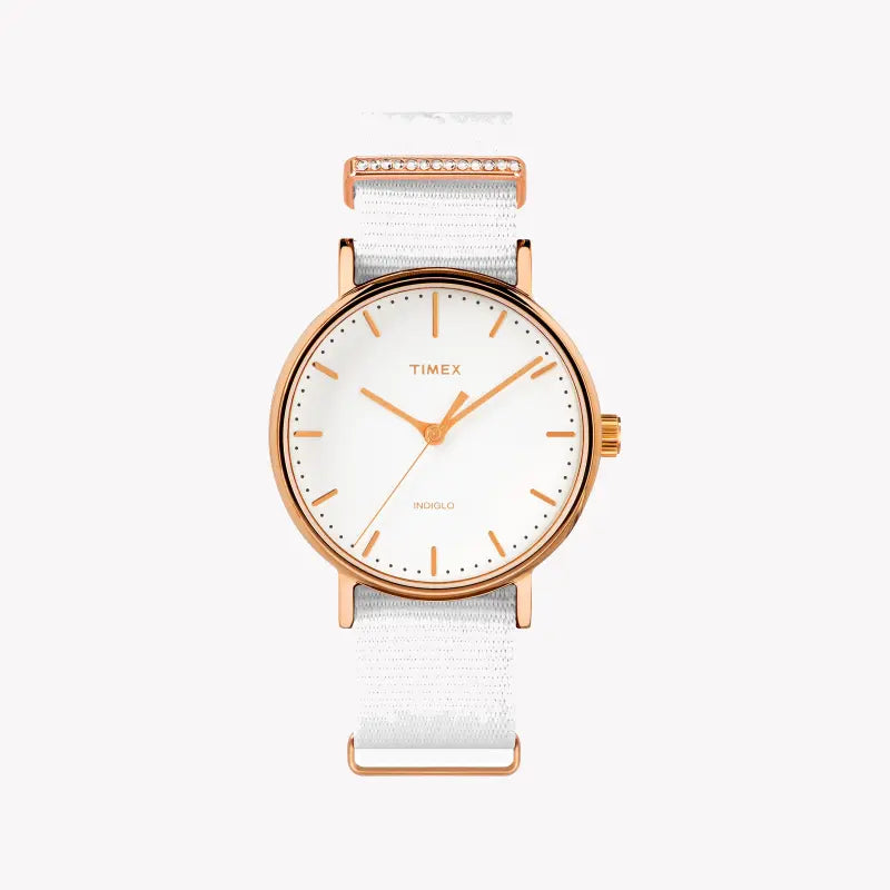 Timex Women's Watch With Rose Gold Brass Case And White Fabric Band
