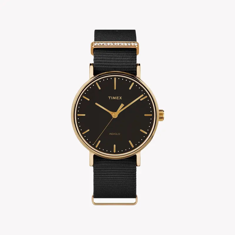 TIMEX Damenuhr mit goldenem Messinggehäuse und schwarzem Stoffarmband