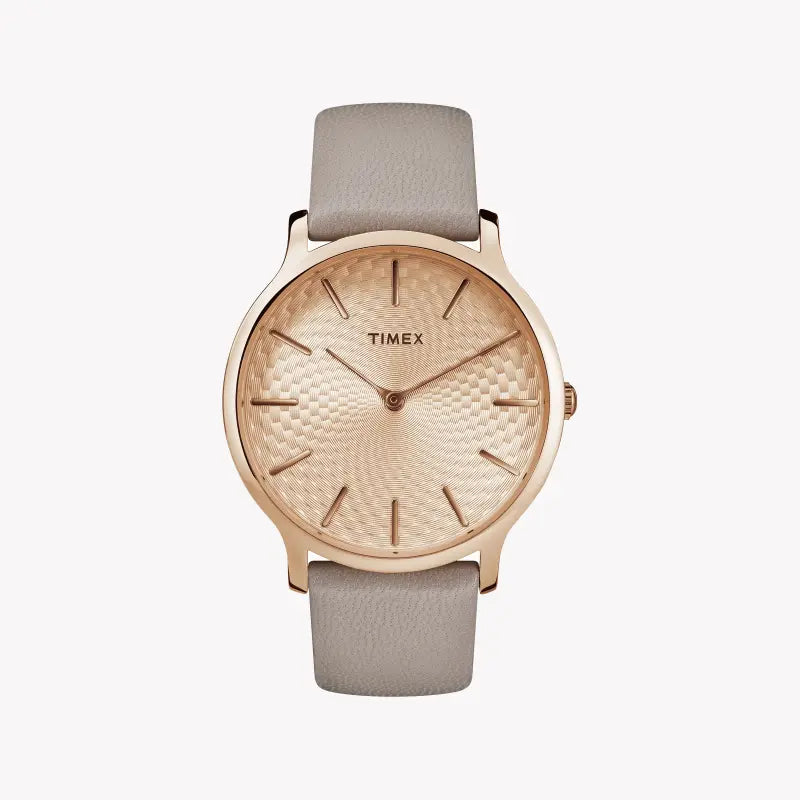TIMEX Damenuhr mit roségoldenem Messinggehäuse und grauem Lederarmband