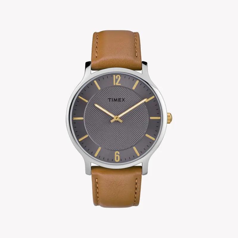 ساعة TIMEX CITY COLLECTION METROPOLITAN - قرص رمادي أنيق مع سوار جلد بني للرجال