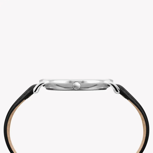 Timex Men's Black Leather Watch, Silver Dial | Tw2r50000