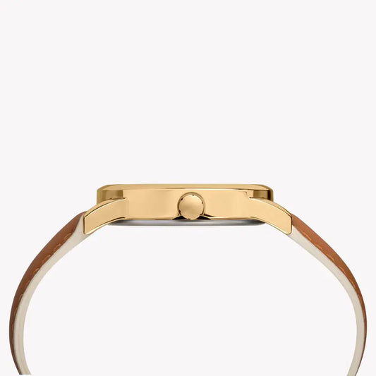 ساعة TIMEX النسائية مع هيكل نحاسي ذهبي وسوار جلدي أسمر