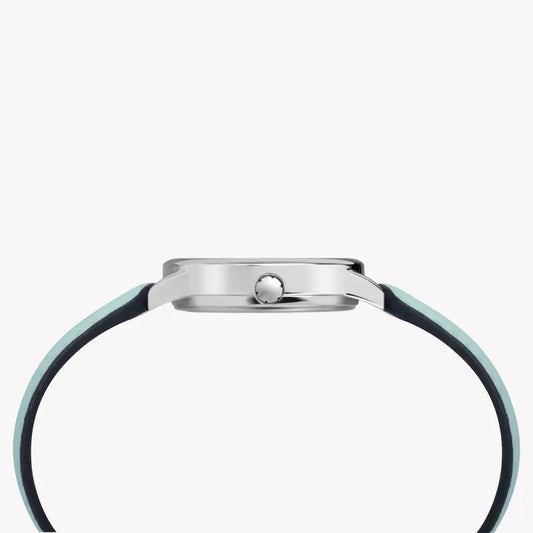 TIMEX Damenuhr mit silbernem Messinggehäuse und hellblauem Lederarmband