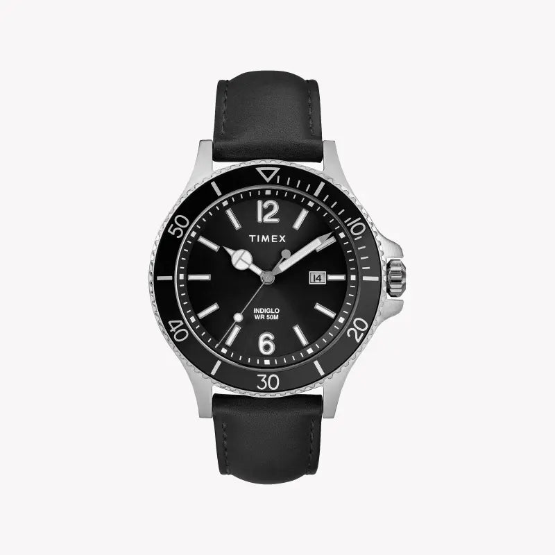 ساعة TIMEX City Collection TW2R64400 HARBORSIDE - ساعة رجالية من الجلد الأسود وقرص إنديجلو