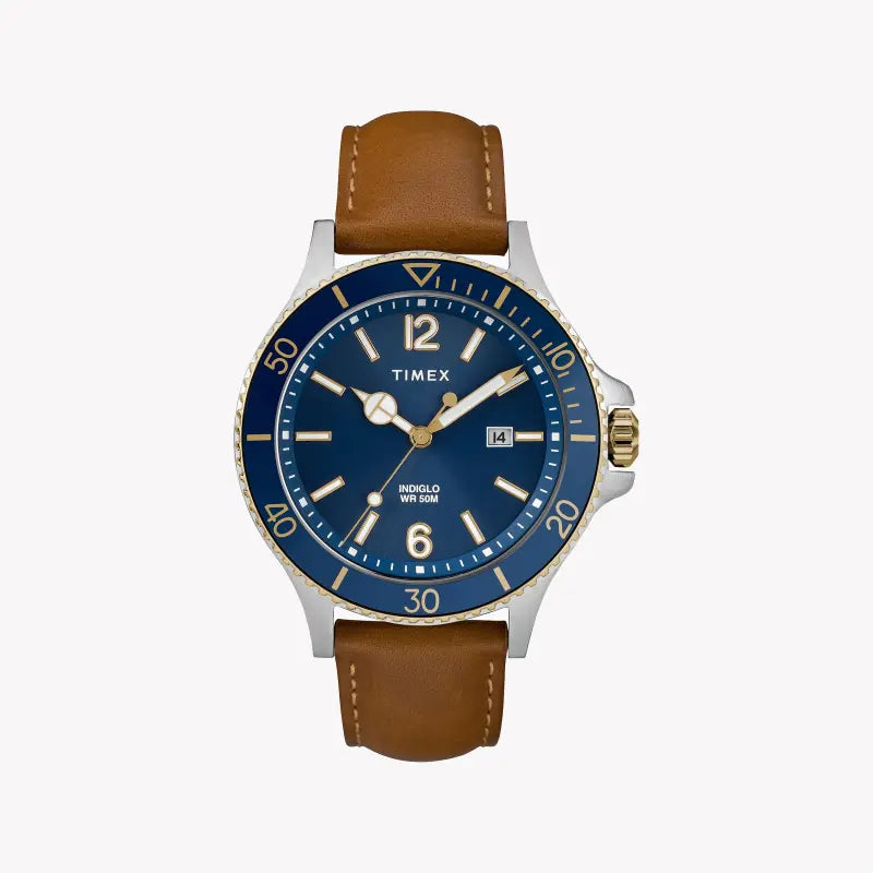 TIMEX City Collection Harbourside TW2R64500 - ساعة حرفية للرجال مع مينا أزرق وسوار جلدي أسمر ضارب للصفرة
