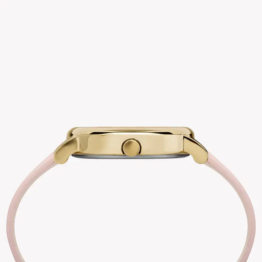 TIMEX Damenuhr mit goldenem Messinggehäuse und rosafarbenem Lederarmband