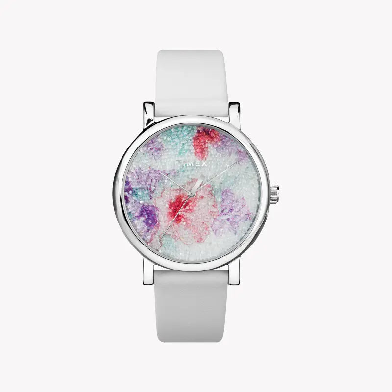 Timex Women's Watch With Silver Brass Case And White Leather Band