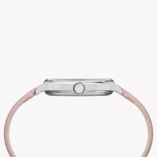 TIMEX Damenuhr mit silbernem Messinggehäuse und rosafarbenem Lederarmband