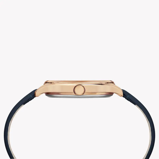 TIMEX Damenuhr mit roségoldenem Messinggehäuse und blauem Lederarmband