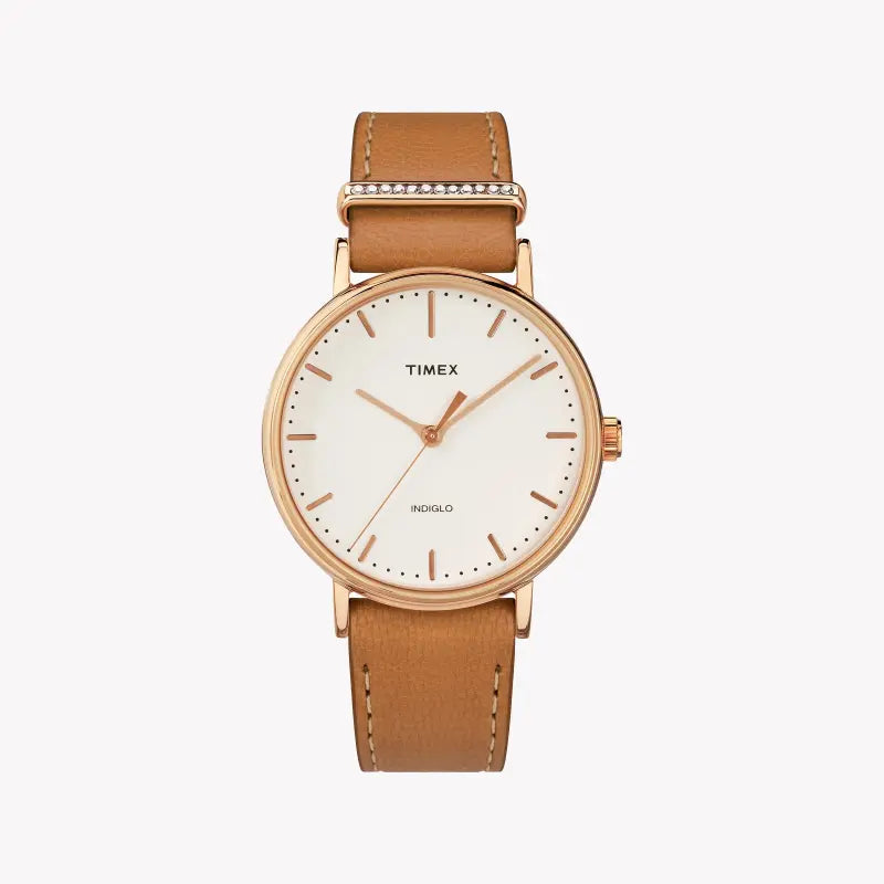 Montre pour femme TIMEX avec boîtier en laiton doré rose et bracelet en cuir marron clair