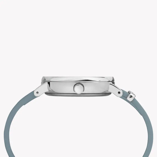 TIMEX Damenuhr mit silbernem Messinggehäuse und blauem Lederarmband