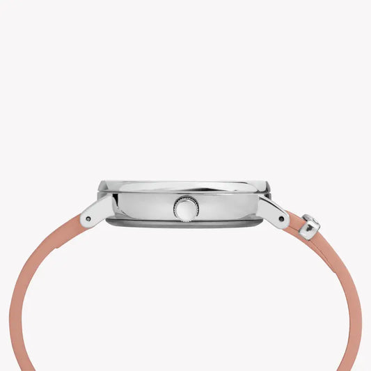 TIMEX Damenuhr mit silbernem Messinggehäuse und rosafarbenem Lederarmband