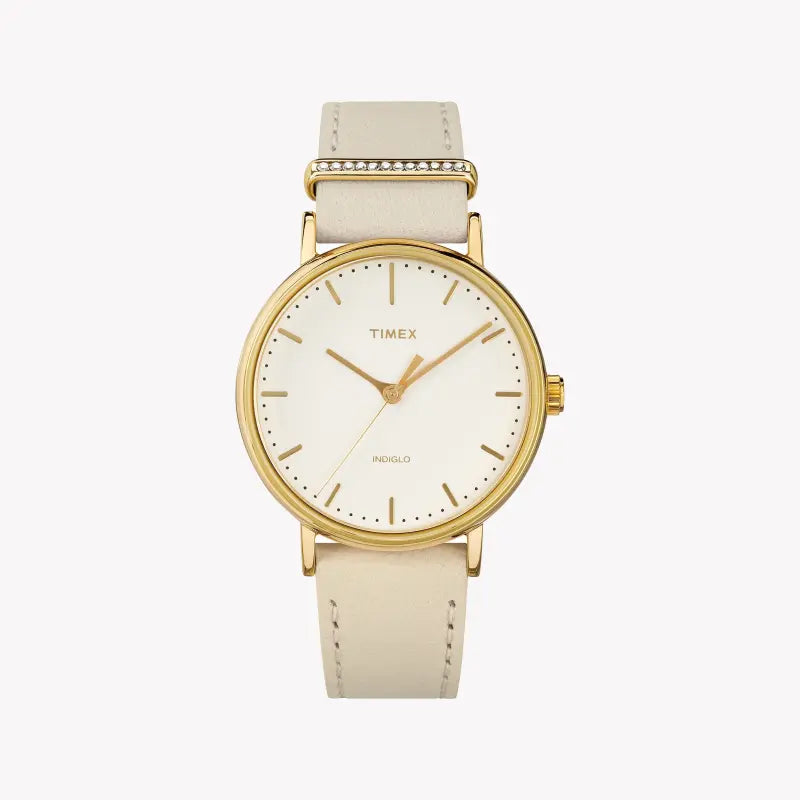 TIMEX Damenuhr mit goldenem Messinggehäuse und weißem Lederarmband