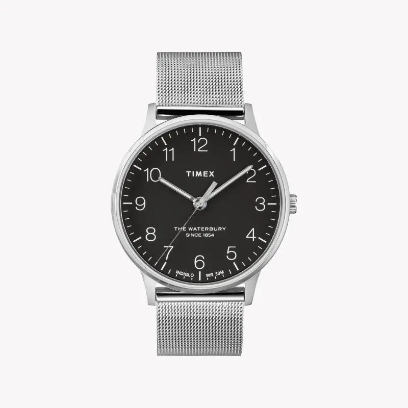 TIMEX Heritage Waterbury TW2R71500 – Silberne Herren-Edelstahluhr mit schwarzem Zifferblatt und INDIGLO-Nachtlicht