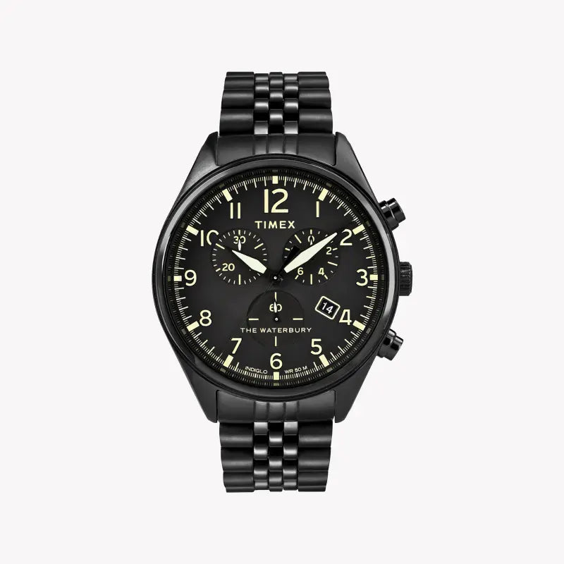 TIMEX Heritage Waterbury TW2R88600 – Herren-Chronographenuhr aus schwarzem Edelstahl mit INDIGLO-Nachtlicht