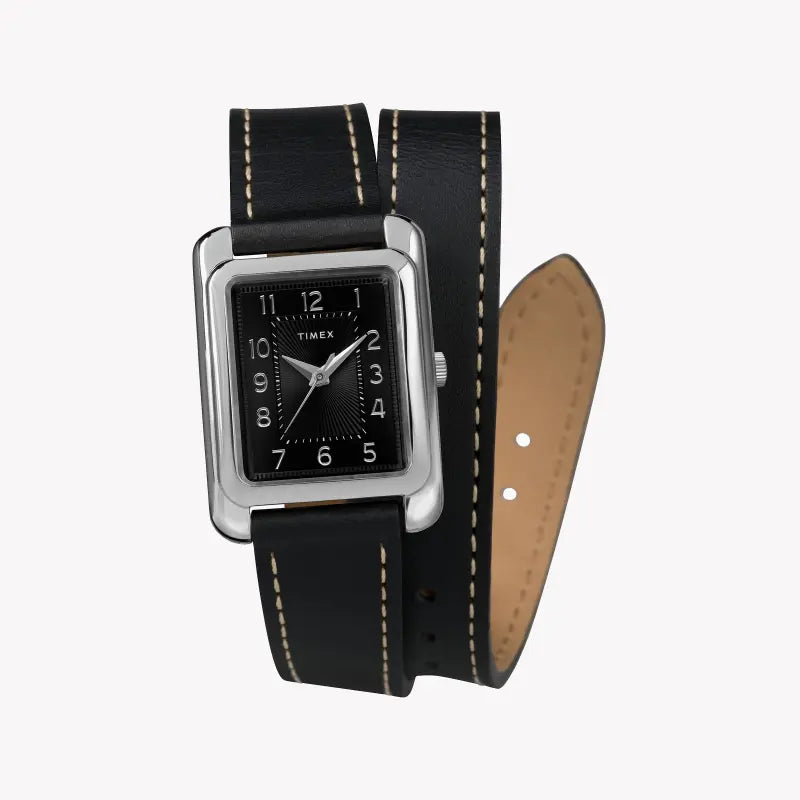 Montre pour femme TIMEX avec boîtier en laiton argenté et bracelet en cuir noir