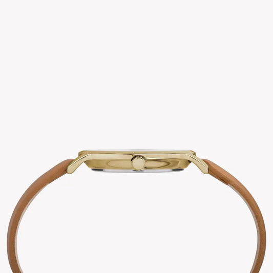 ساعة TIMEX النسائية مع هيكل نحاسي ذهبي وسوار جلدي أسمر