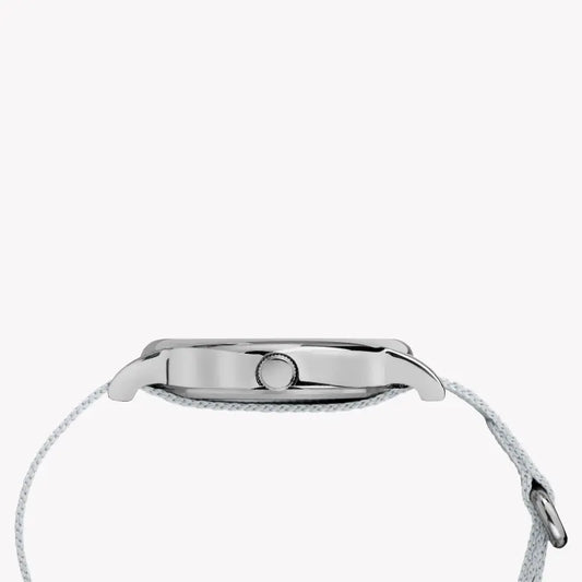 ساعة TIMEX النسائية مع علبة نحاسية فضية وسوار قماش فضي