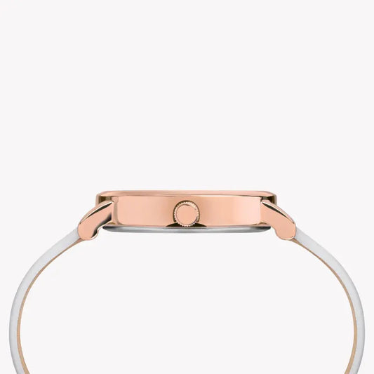 ساعة TIMEX النسائية مع هيكل من النحاس الذهبي الوردي وسوار من الجلد الأبيض