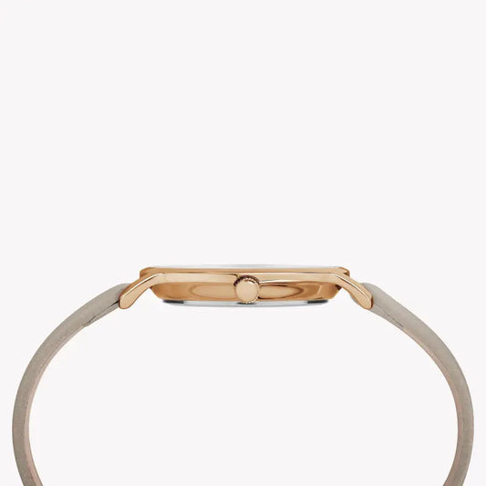 ساعة TIMEX النسائية مع هيكل من النحاس الذهبي الوردي وسوار جلدي رمادي