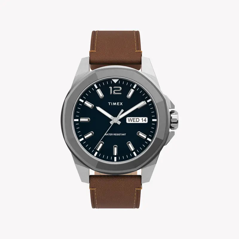 مجموعة TIMEX CITY TW2U15000 - ساعة رجالية أنيقة من ESSSEX AVENUE بسوار من الجلد البني وقرص أزرق
