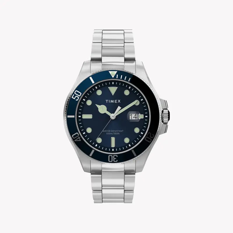 TIMEX City Collection Harborside Coast TW2U41900 – Stilvolle Herrenuhr mit blauem Zifferblatt und silbernem Edelstahlband