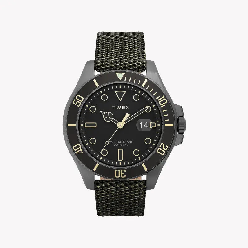 TIMEX CITY COLLECTION HARBORSIDE COAST – STILVOLLE HERRENUHR mit grünem Stoffarmband und schwarzem Zifferblatt
