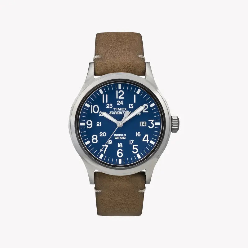 TIMEX EXPEDITION SCOUT TW4B01800 - ساعة رجالية متينة بحزام جلد أسمر وقرص أزرق