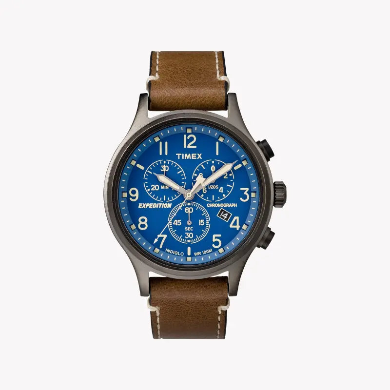 Timex Men's Brass Watch, Blue Dial, Brown Leather Strap | Tw4b09000