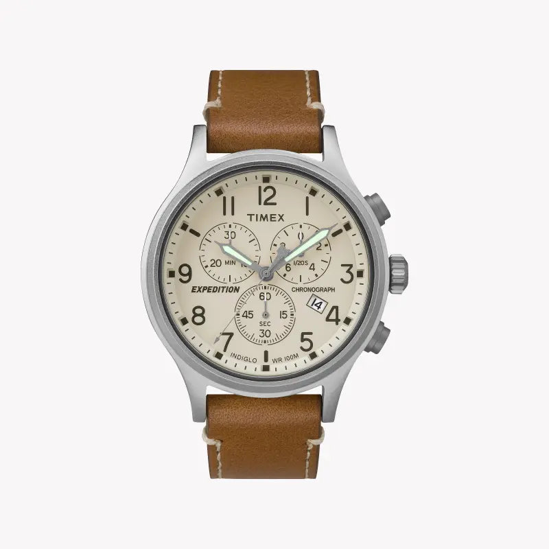 TIMEX Expedition Scout TW4B09200 - Montre robuste en laiton pour homme avec bracelet en cuir beige et veilleuse INDIGLO