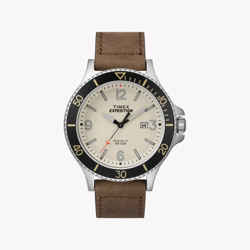 TIMEX EXPEDITION RANGER TW4B10600 - MONTRE EN LAITON POUR HOMMES AVEC BANDE EN CUIR BRUN ET CADRAN INDIGLO