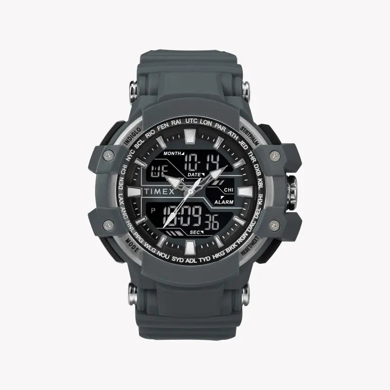 TIMEX TW5M22600 DGTL LIFESTYLE - MONTRE POUR HOMMES EN RÉSINE GRIS AVEC LUMIÈRE INDIGLO ET FONCTIONS SPORTIVES