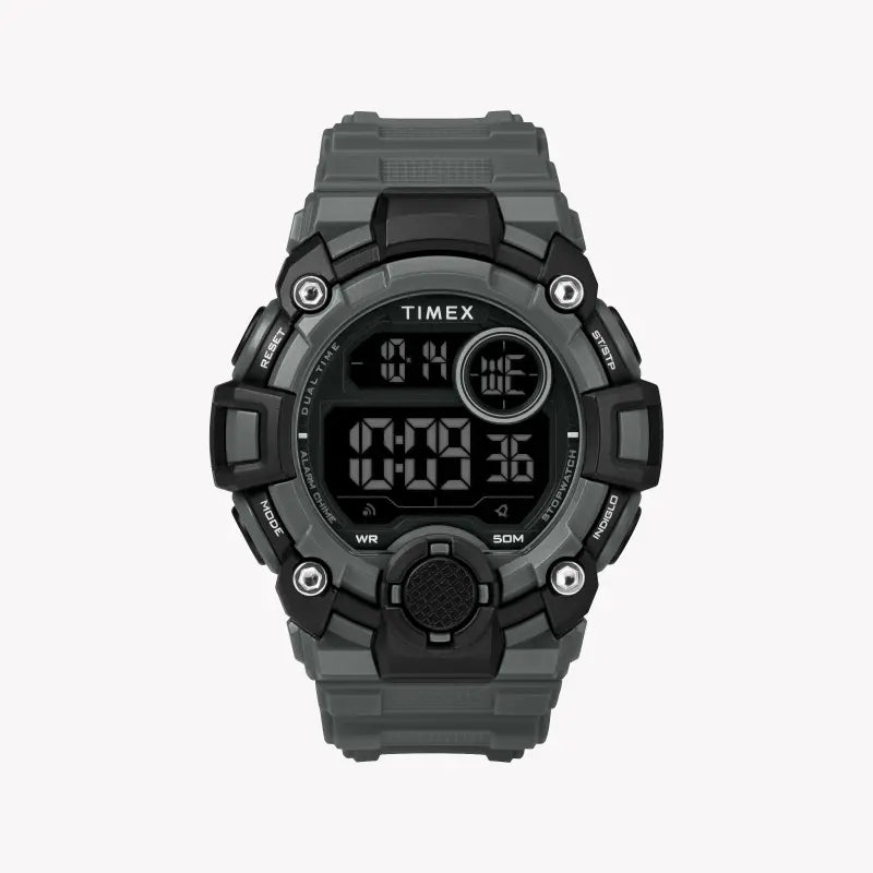 TIMEX TW5M27500 DGTL A-Game - ساعة رقمية أنيقة من الراتنج باللون الرمادي للرجال مع ضوء INDIGLO