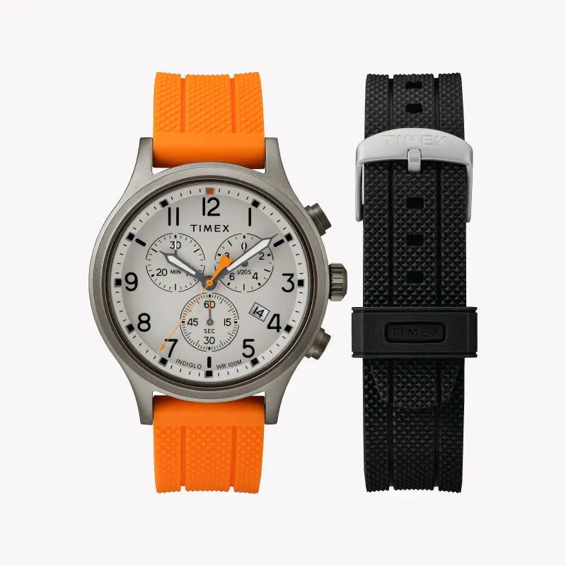 TIMEX Military Allied TWG018000 – Robuste Herrenuhr aus Messing mit orangefarbenem Silikonarmband und INDIGLO-Nachtlicht