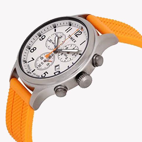 TIMEX Military Allied TWG018000 – Robuste Herrenuhr aus Messing mit orangefarbenem Silikonarmband und INDIGLO-Nachtlicht