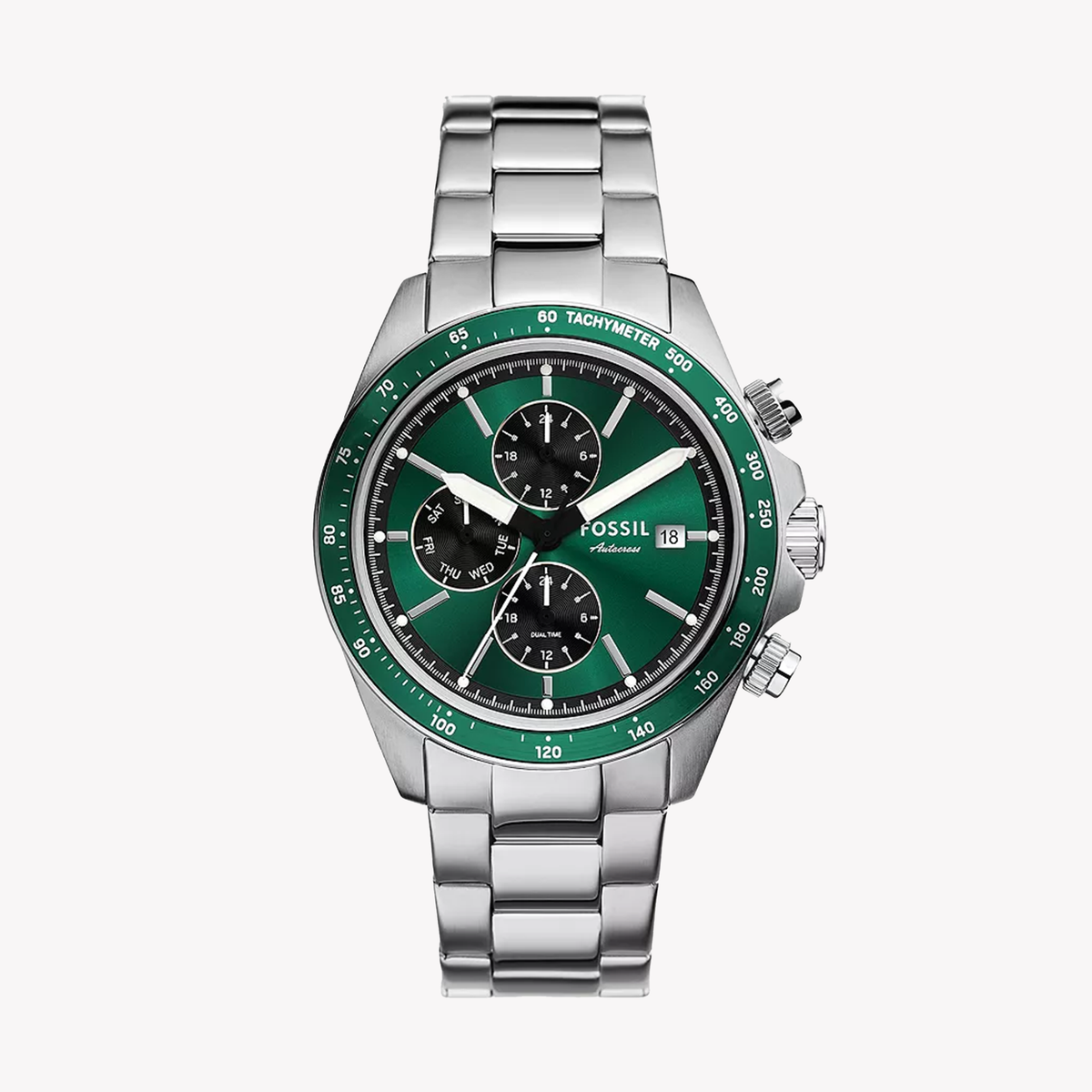 FOSSIL Men's Silver Stainless Steel Watch, Green Dial | FS6127