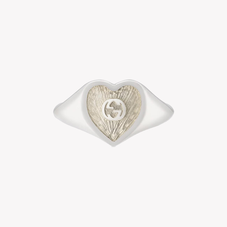 Gucci Interlocking G White Enamel Heart Sterling Silver Ring | YBC645544003