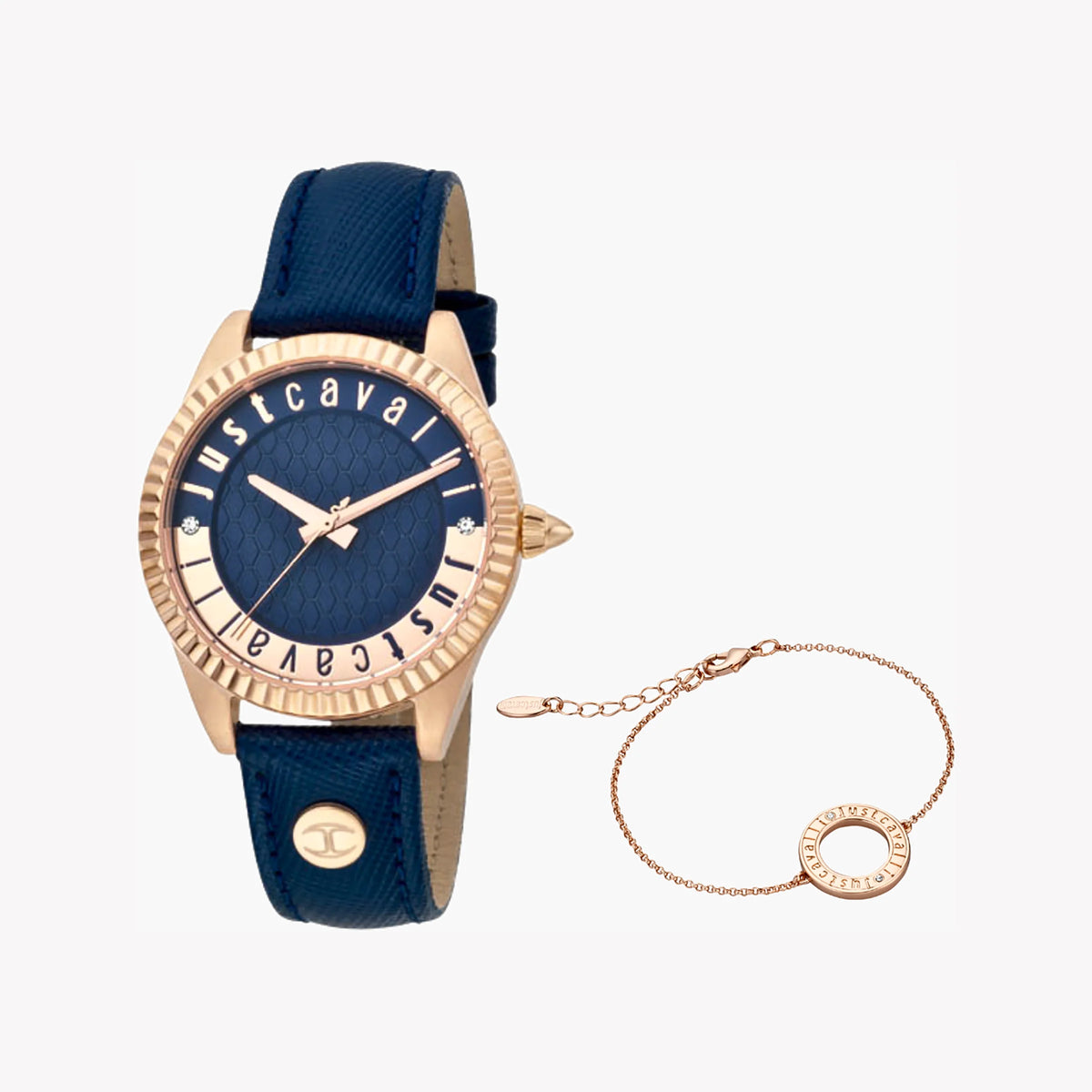 JUST CAVALLI Women's Watch with Rose Gold Stainless Steel Case and Blue Leather Band