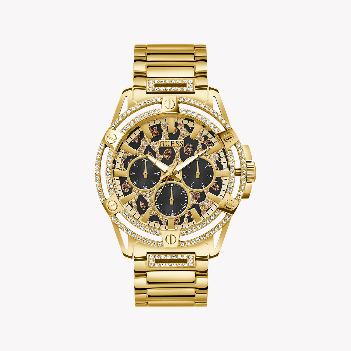 GUESS GW0497G4 BOLD GLAM - WILDLY STYLISH GOLD WOMEN'S WATCH with Animal Print Dial