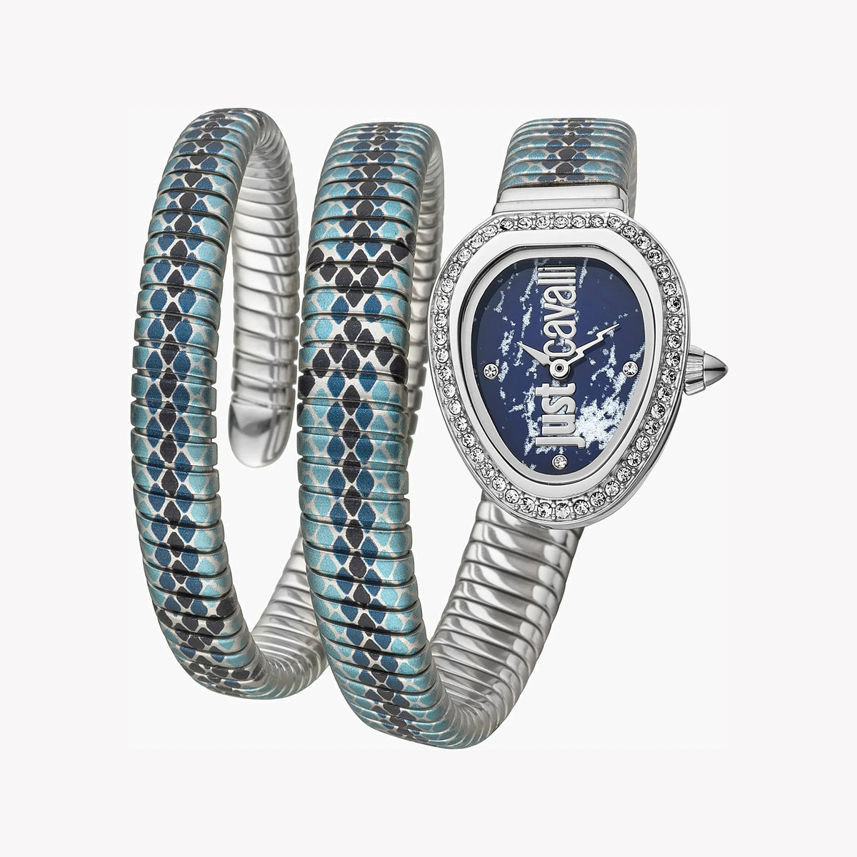JUST CAVALLI Women's Watch with Silver Stainless Steel Case and Silver & Baby Blue & Black Stainless Steel Band