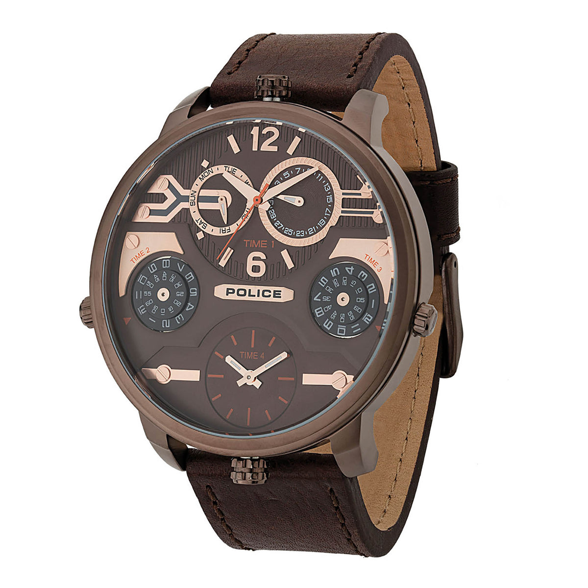 POLICE MEN'S TIMEPIECE - BOLD STAINLESS STEEL WATCH WITH MULTICOLOR DIAL & BROWN LEATHER BAND