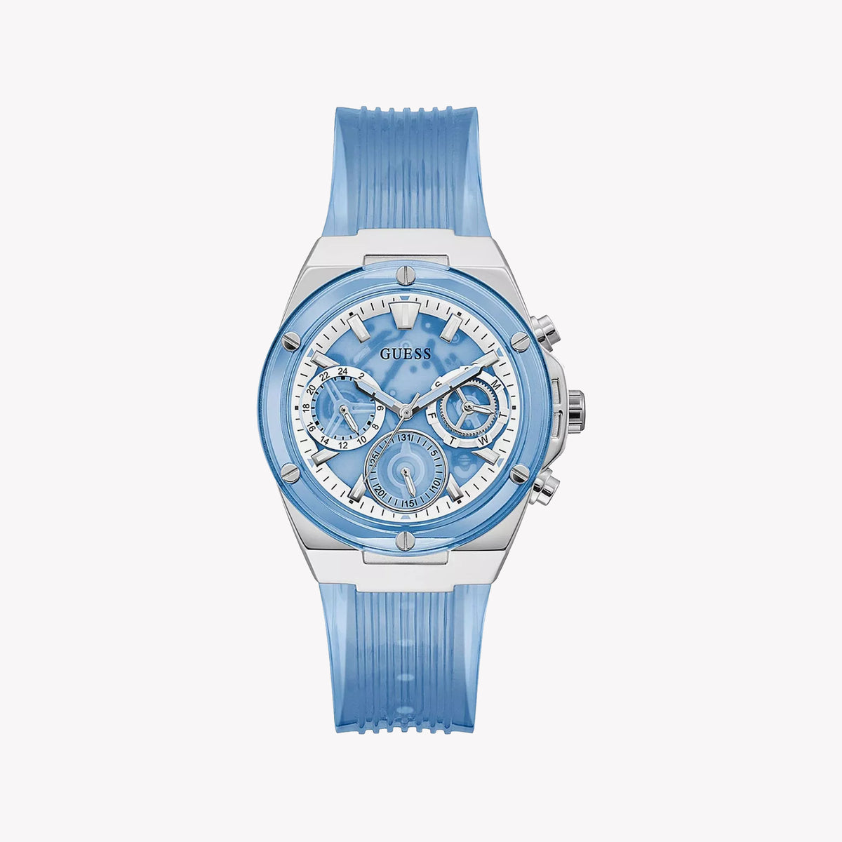 GUESS GW0409L1 - VIBRANT BLUE ELEGANCE - Women's Stylish Watch with Silicon Band and Sleek Silver Case