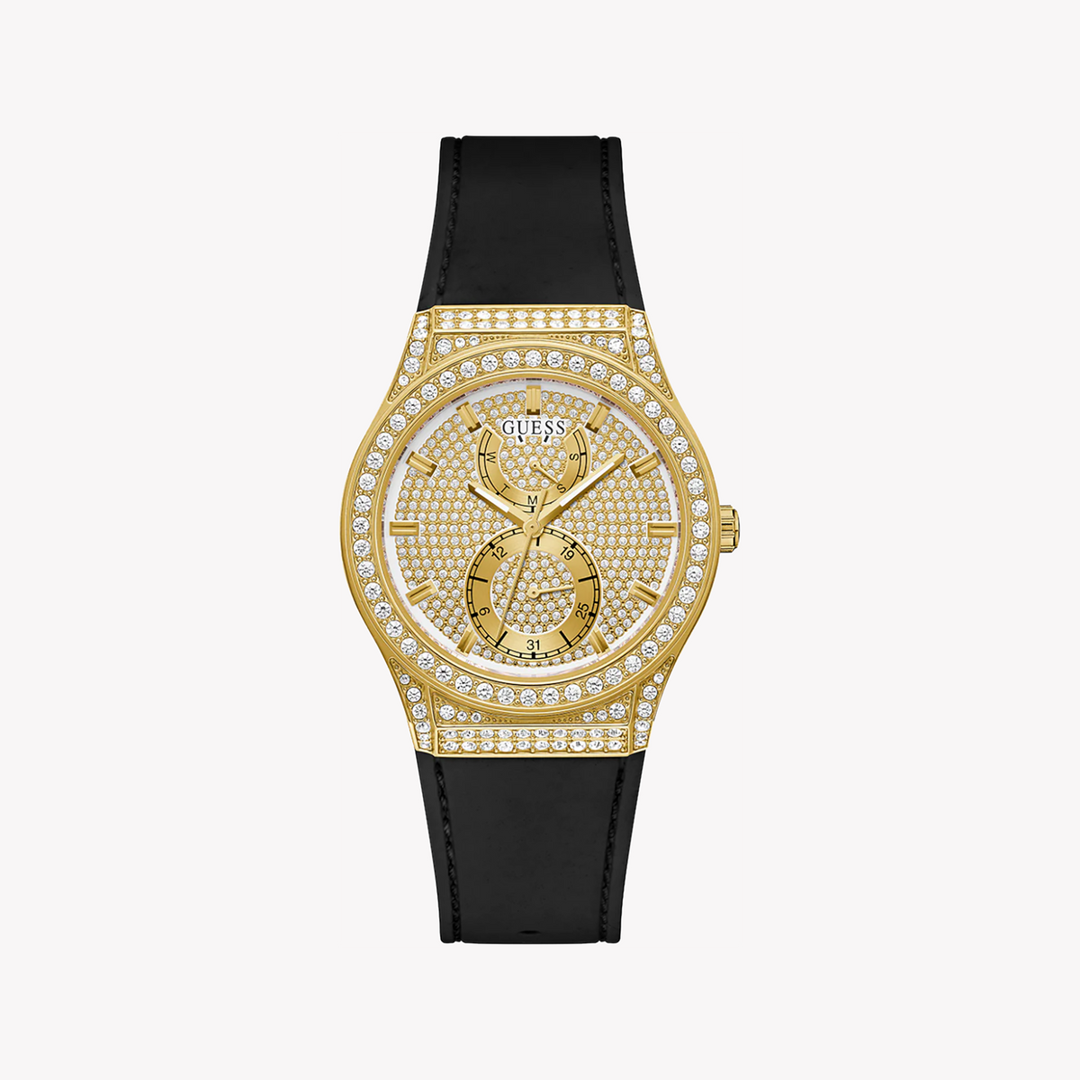 GUESS GW0439L2 - CHIC SOPHISTICATION WOMEN'S WATCH WITH GOLD DIAL & BLACK RUBBER BAND