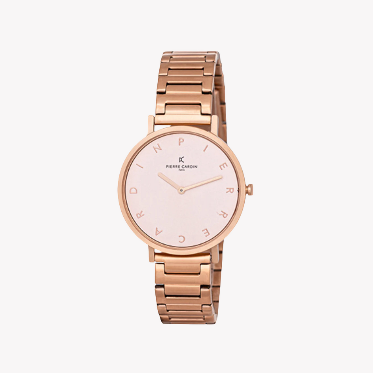 Montre femme PIERRE CARDIN avec boîtier en métal doré rose et bracelet en métal doré rose