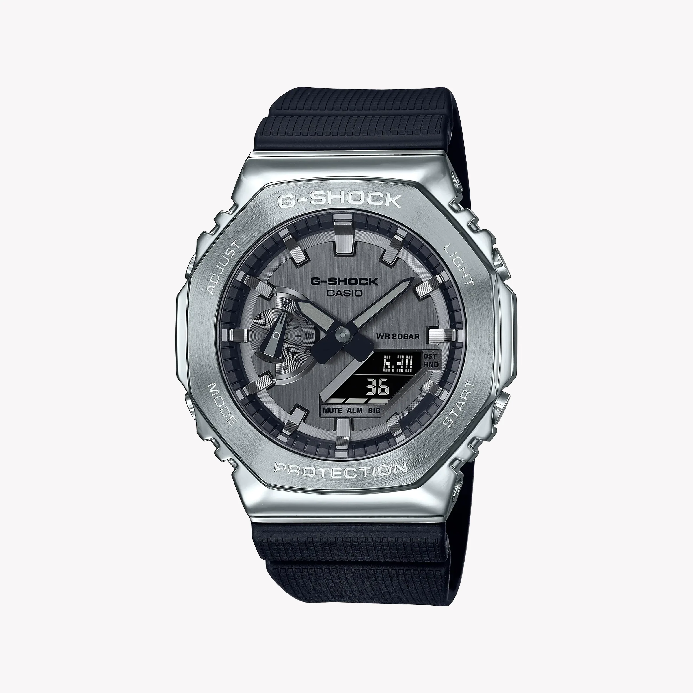 G-Shock Men's Silver Stainless Steel Watch, Black Resin Gm-2100