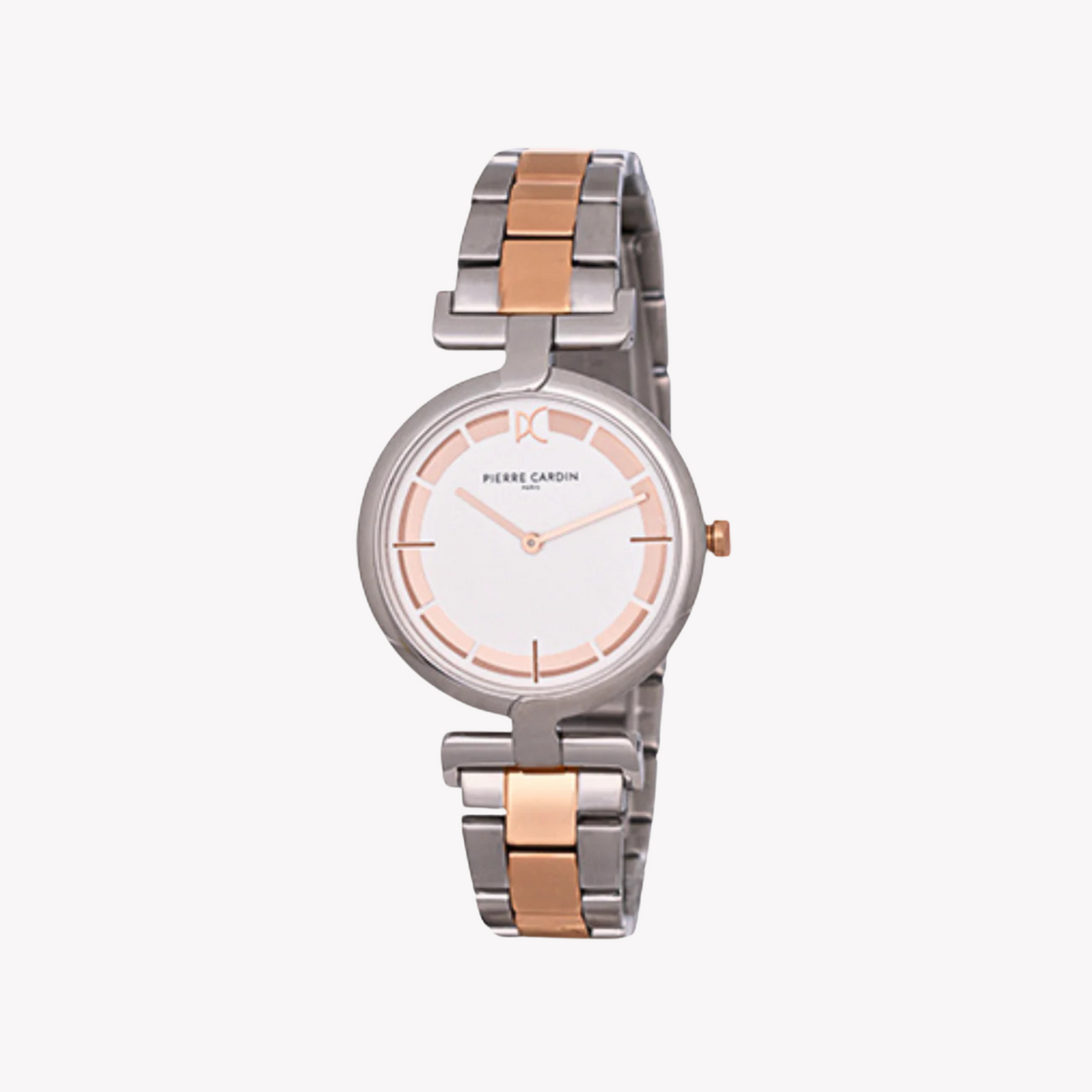 ساعة بيير كاردين للسيدات بهيكل معدني فضي وسوار معدني فضي وذهبي وردي