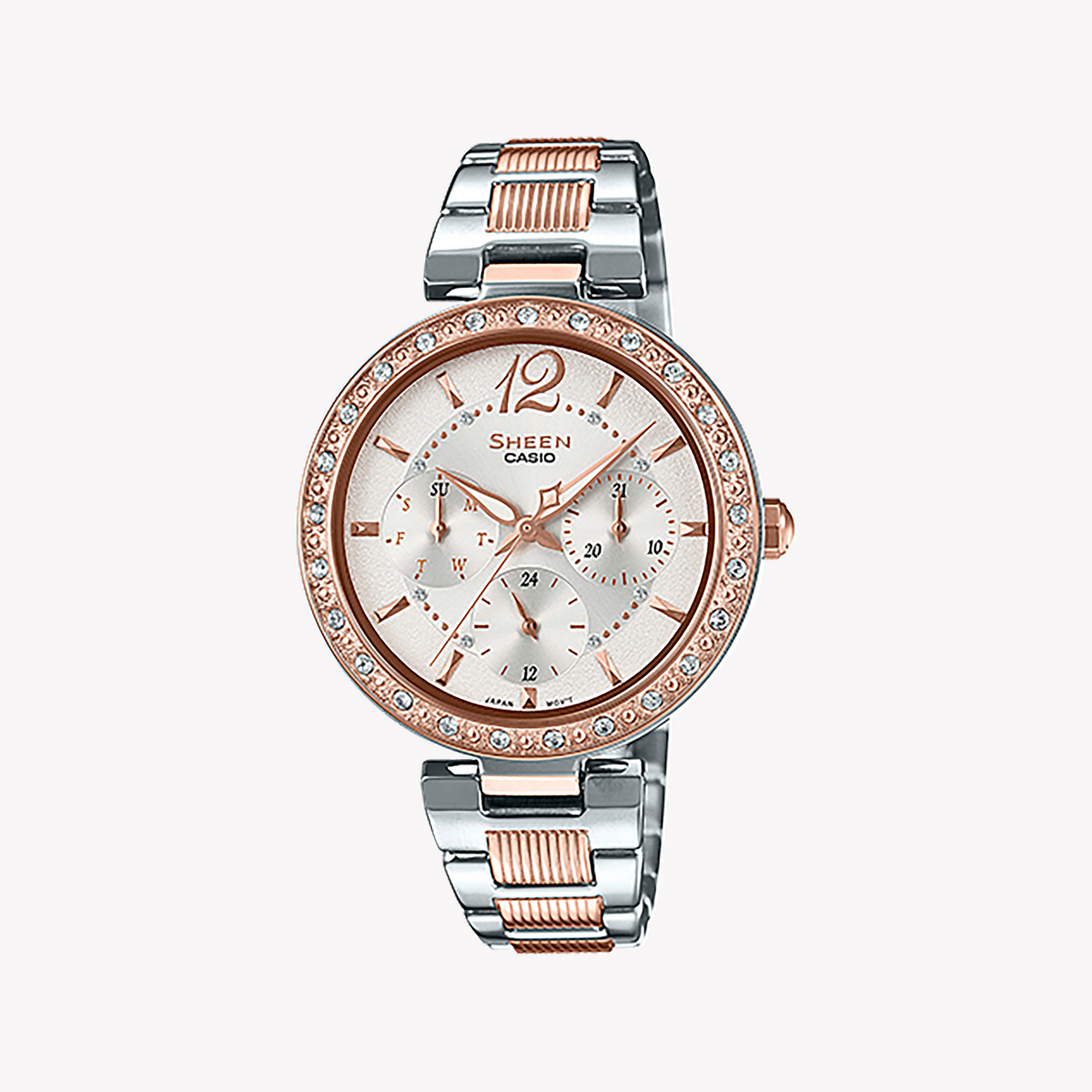 CASIO SHE-3065SPG-7AUDF ELEGANT SPORTY CHIC - WOMEN'S ROSE GOLD & SILVER STAINLESS STEEL WATCH
