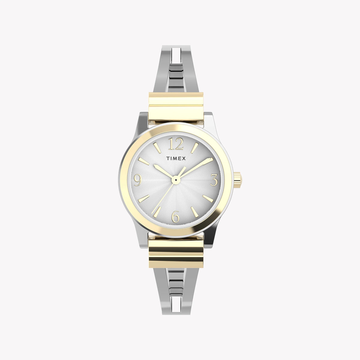 TIMEX TWO-TONE SEMI BANGLE - ELEGANT WOMEN'S SILVER & GOLD DIAL WATCH