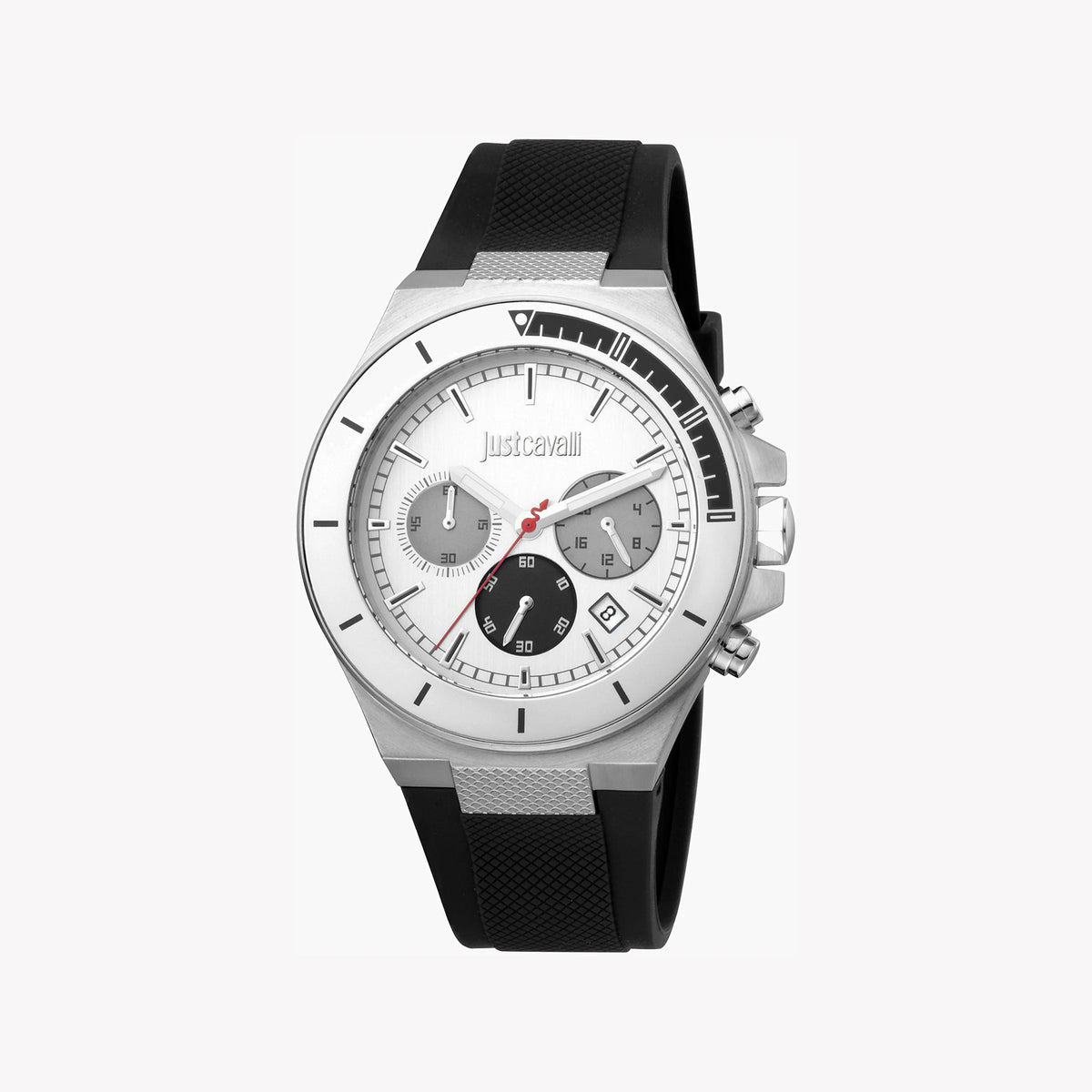 JUST CAVALLI JC1G139P0015 - ELEGANT SILVER DIAL MEN'S WATCH WITH BLACK SILICONE BAND